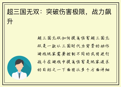 超三国无双：突破伤害极限，战力飙升